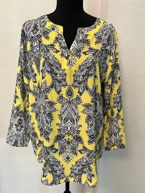 Womens Large High Low Blouse Top Shirt Black White Yellow Est 1946 Polyester